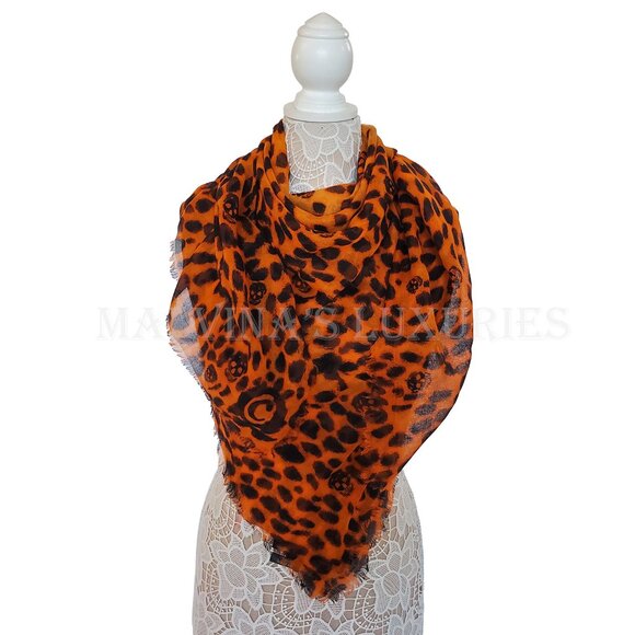 ALEXANDER MCQUEEN SCARF ORANGE CASHMERE SILK SKULL ANIMAL PRINT 50" SQUARE - Picture 5 of 14